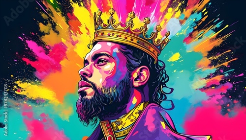 Vibrant Abstract Portrait of a Majestic King Adorned with a Grand Crown in a Dazzling Colorful Explosion