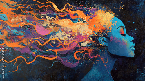 Abstract Depiction of a Woman's Profile with Bold Intersecting Lines and Vibrant Colors in Electric Blue, Fuchsia, and Bright Orange