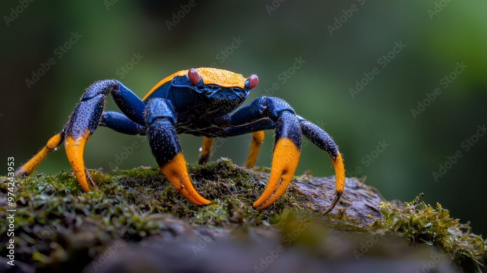 Fototapeta premium A tight shot of a blue-yellow crab on mossy terrain against softly blurred tree backdrop