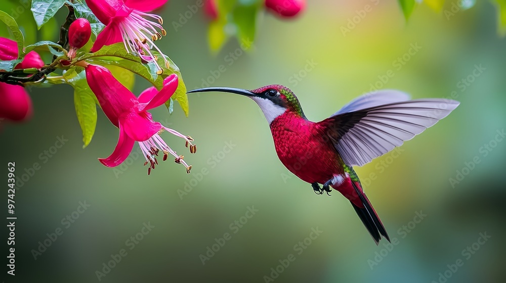 Fototapeta premium A hummingbird at a pink flower amidst green foliage, and a blurred hummingbird figure in the foreground