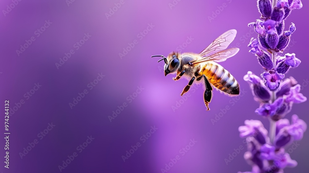 A bee up close on a purple flower with a softly blurred background A bee up close on a purple flower with a softly blurred background