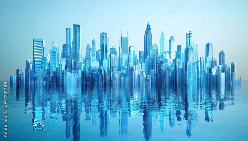 Abstract blue cityscape with skyscrapers and buildings reflecting in water, 3D rendering illustration Abstract blue cityscape with skyscrapers and buildings reflecting in water, 3D rendering illustration