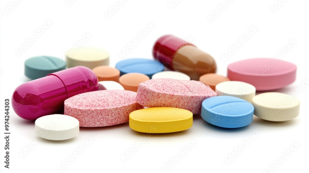 A variety of colorful pills and capsules are scattered on a white background. A variety of colorful pills and capsules are scattered on a white background.