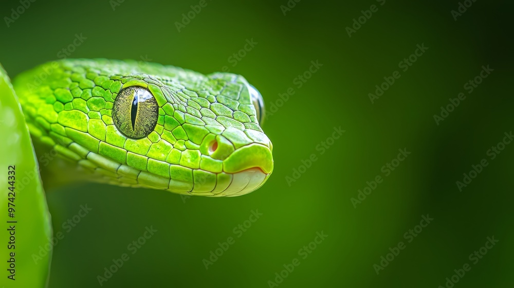 A tight shot of a green snake's head hovering over a plant blade, background softly blurred A tight shot of a green snake's head hovering over a plant blade, background softly blurred