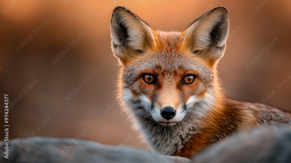 Fototapeta premium A red fox in focus, gazes directly at the camera, while its background softly blurs