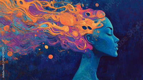 Abstract Depiction of a Woman's Profile with Bold Intersecting Lines and Vibrant Colors in Electric Blue, Fuchsia, and Bright Orange