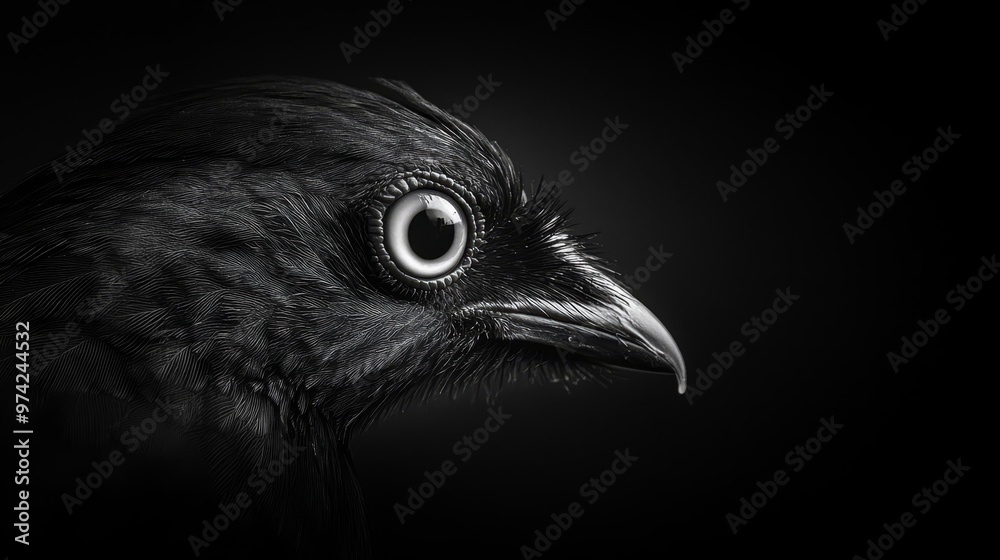 Fototapeta premium A monochrome image of a bird holding an eyeball against a jet-black backdrop
