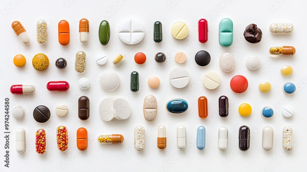 A variety of colorful pills and capsules arranged in rows on a white background. A variety of colorful pills and capsules arranged in rows on a white background.