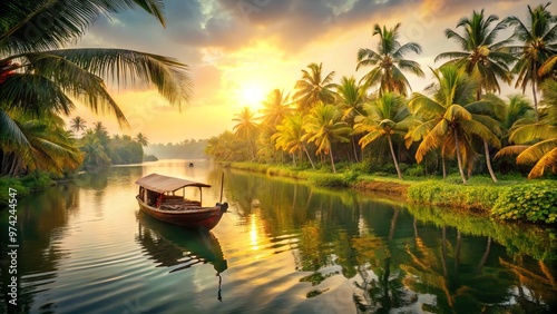 Serene Kerala backwaters scene with traditional wooden boat gliding effortlessly across calm waters, surrounded by lush