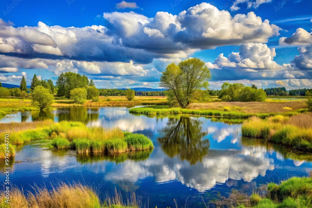 Serene landscape of Ridgefield National Wildlife Refuge in Washington State, featuring wetlands, grasslands, and mature Serene landscape of Ridgefield National Wildlife Refuge in Washington State, featuring wetlands, grasslands, and mature