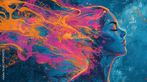 Abstract Depiction of a Woman's Profile with Bold Intersecting Lines and Vibrant Colors in Electric Blue, Fuchsia, and Bright Orange