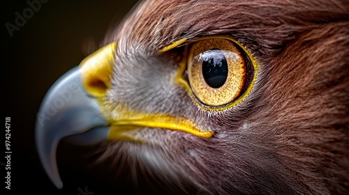  A tight shot of a bird's eyas  featuring a brown and yellow beak, and a distinctively white tip on its head