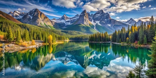 Serene landscape of majestic mountains, lush forests, and sparkling lake, surrounded by iconic wildlife, symbolizing