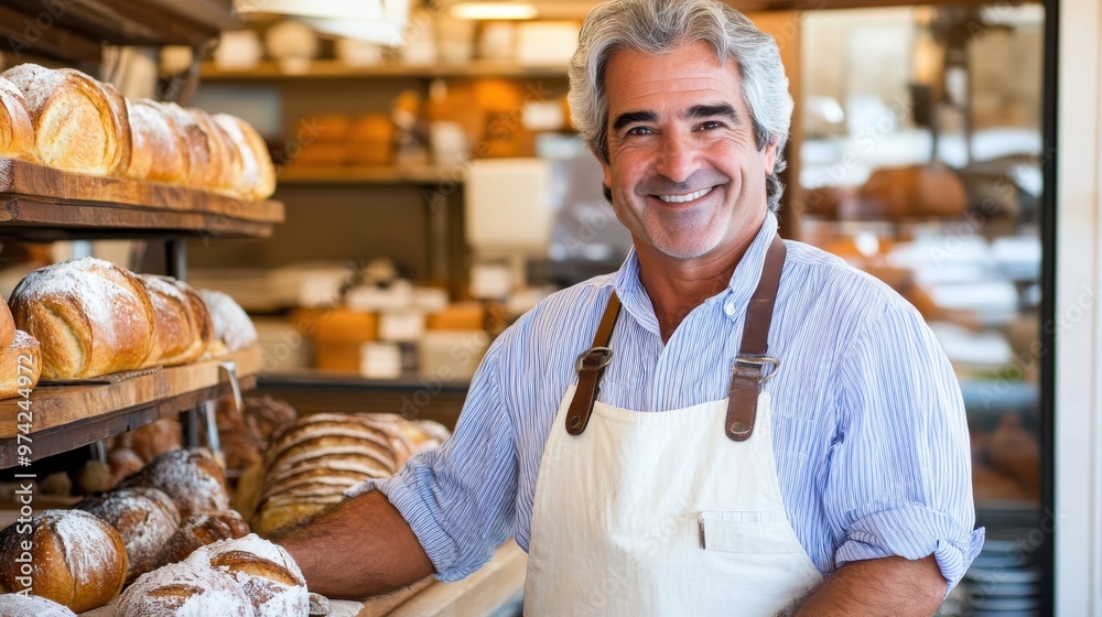 A smiling baker stands proudly behind a display of fresh artisan bread in a cozy bakery during the morning rush A smiling baker stands proudly behind a display of fresh artisan bread in a cozy bakery during the morning rush