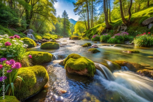 Serene landscape featuring gentle, translucent water flowing smoothly over moss-covered rocks, surrounded by lush green photo