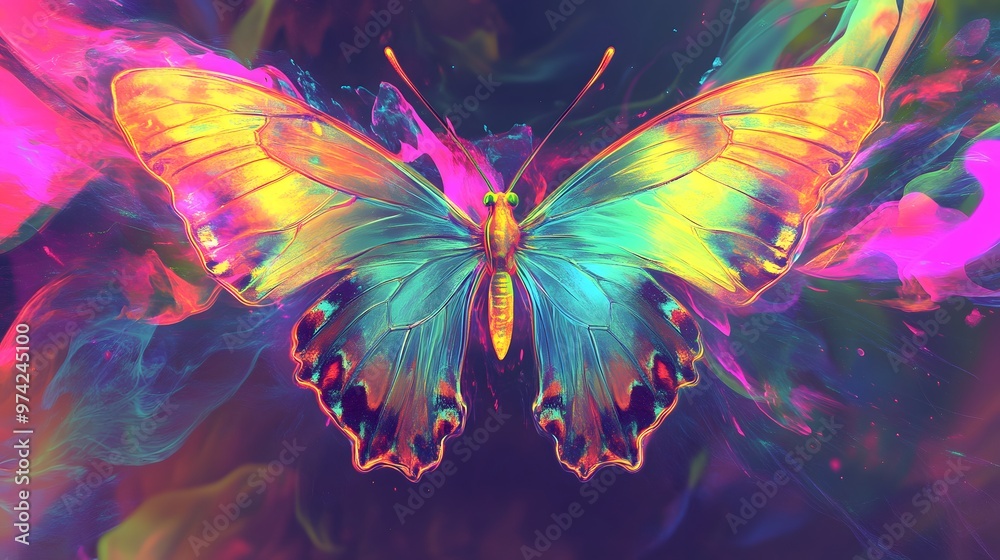 Obraz premium A vibrant digital butterfly effect with surreal digital distortions, neon colors with shifting hues, modern and edgy, artistic and experimental, intriguing and dynamic atmosphere