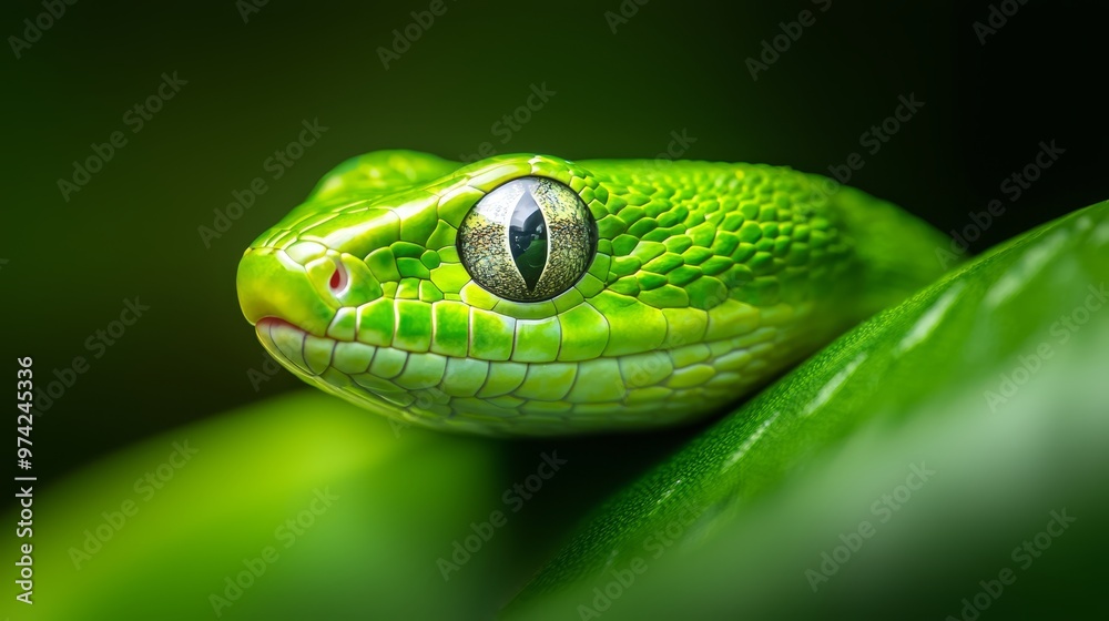 A tight shot of a green snake's eye against a backdrop of green leafy foliage in the foreground A tight shot of a green snake's eye against a backdrop of green leafy foliage in the foreground