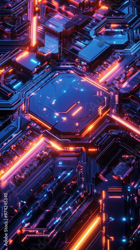 Abstract Circuitry Pattern with Glowing Lines, Hexagonal Shapes, and Metallic Textures, Futuristic Tech Vibe Mobile Background Wallpaper