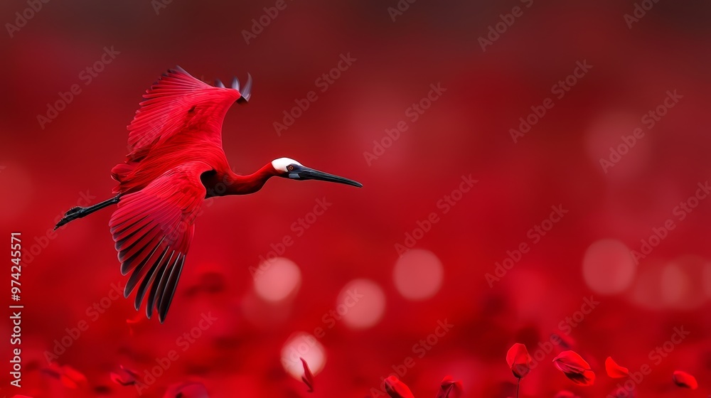 Obraz premium A red bird flies above a red flower field, foreground featuring blurred red petals, background reddened with petals