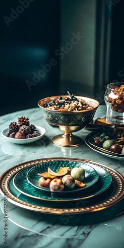 Dried fruits are decorate on intricately designed dinnerware.