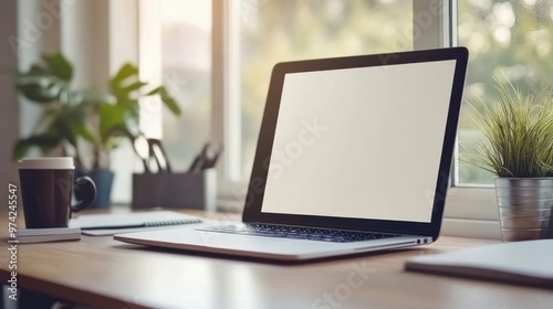 Wallpaper Mural A serene workspace with a laptop, coffee, and plants in natural light during the morning hours Torontodigital.ca