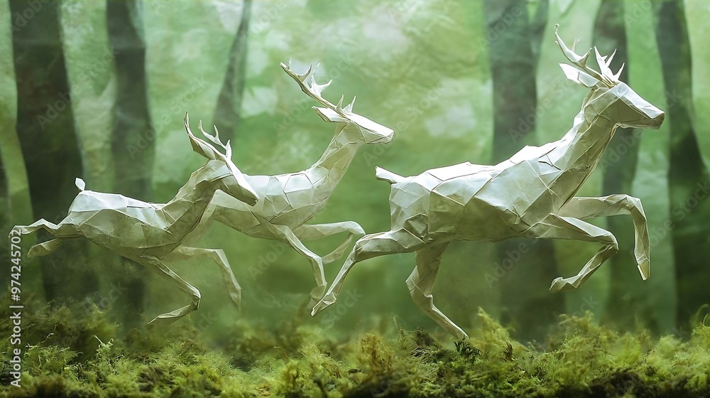 Obraz premium Origami Deer Running Through Forest