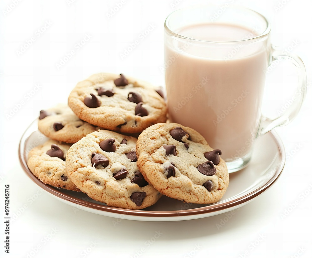Freshly Baked Chocolate Chip Cookies with a Glass of Milk on White Background, new beautiful stock image illustration AI Freshly Baked Chocolate Chip Cookies with a Glass of Milk on White Background, new beautiful stock image illustration AI