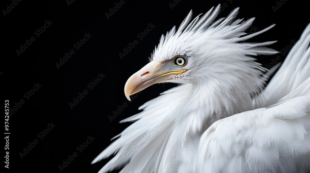 A tight shot of a white bird, its head and spread wings contrasting against a dark backdrop A tight shot of a white bird, its head and spread wings contrasting against a dark backdrop