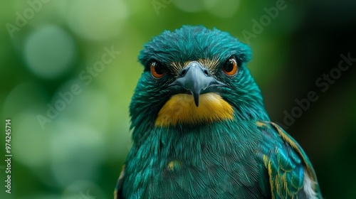 yellow beak, blue-yellow head; background softly blurred