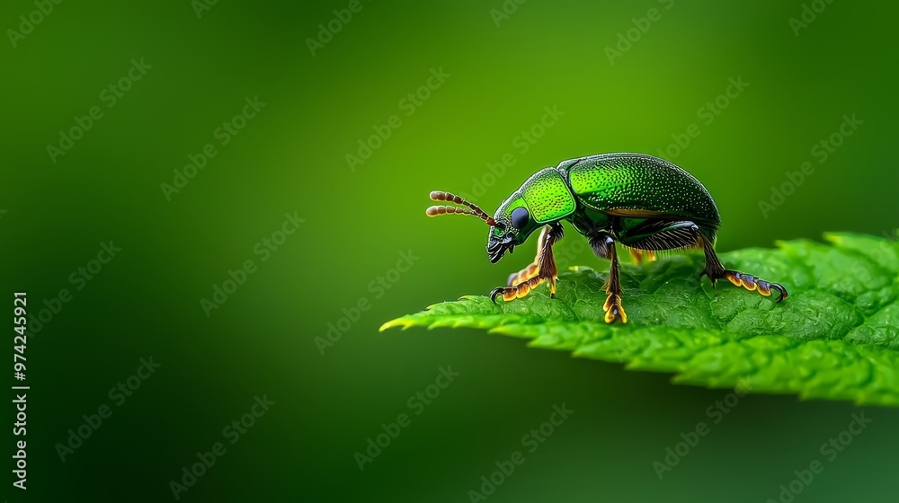 A tight shot of a green insect on a verdant leaf against a softly blurred background A tight shot of a green insect on a verdant leaf against a softly blurred background
