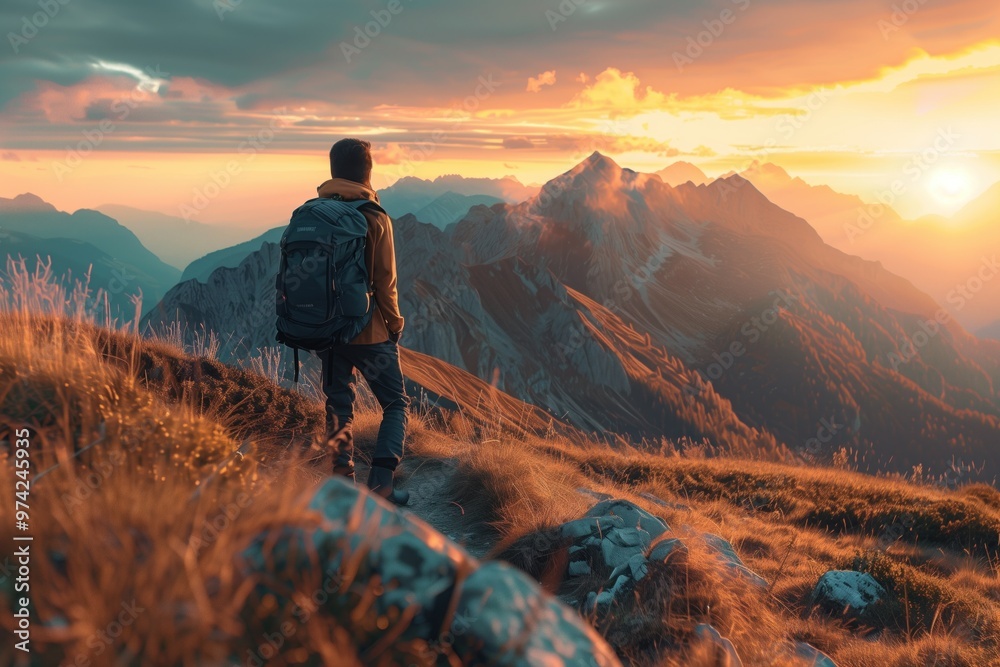 Fototapeta premium Adventurous hiker admires vibrant mountain sunset from trail ridge.