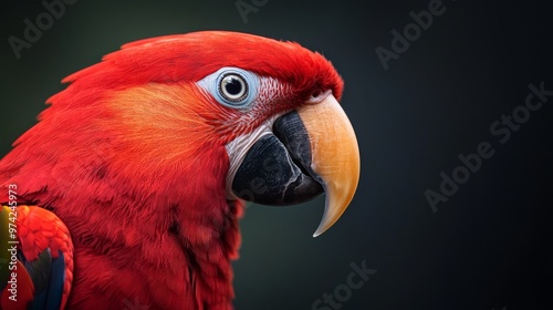  A tight shot of a red parrot's head against a black backdrop, displaying a vibrant blue-yellow beak