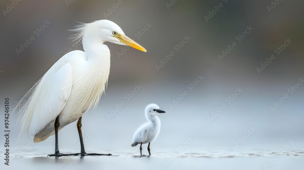  A large white bird and a small one, perched side by side, atop a fog-shrouded body of water