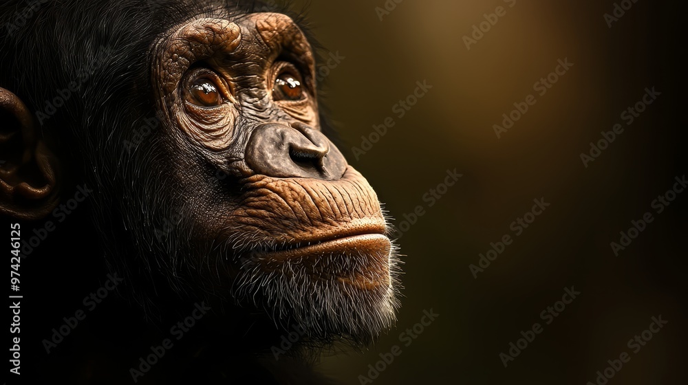  A tight shot of a monkey's expressive face with an intense gaze, set against a softly blurred backdrop