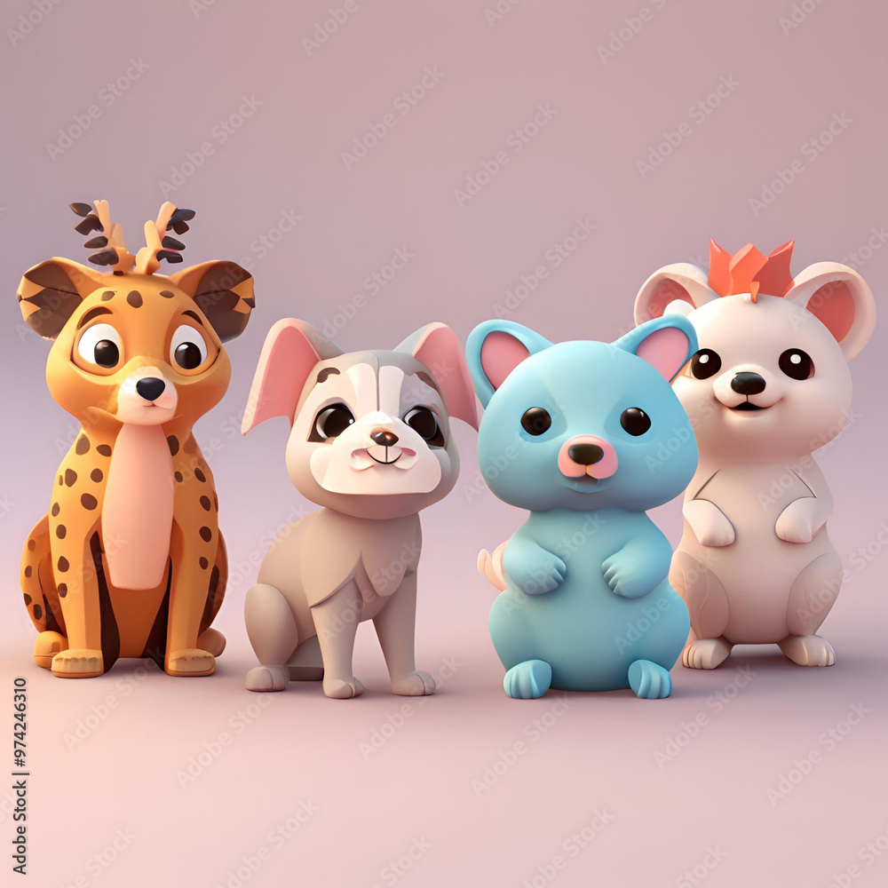 Naklejka premium A group of cute, cartoon-style animals sitting together.