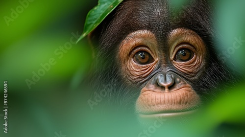  A tight shot of a monkey's expressive face, with a nearby leaf in the foreground, and lush green foliage behind it