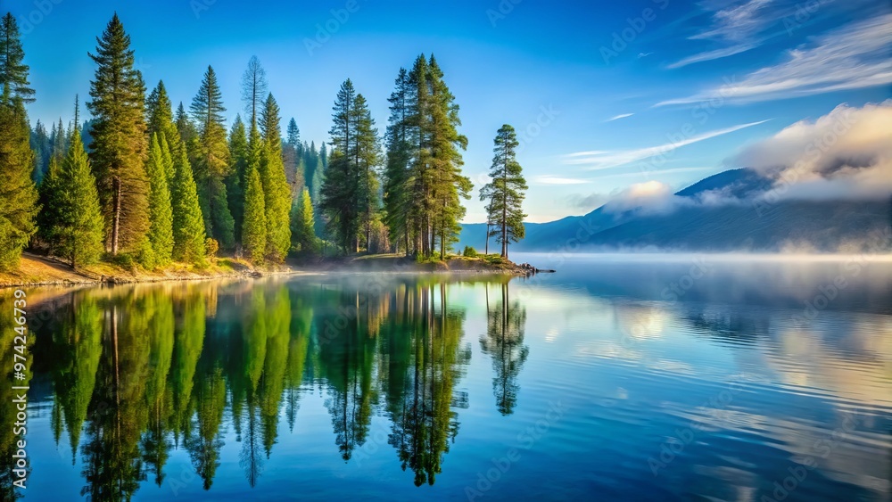 Fototapeta premium Serene morning mist wraps around towering pine trees lining the tranquil shores of Lake Pend Oreille, Idaho, reflecting