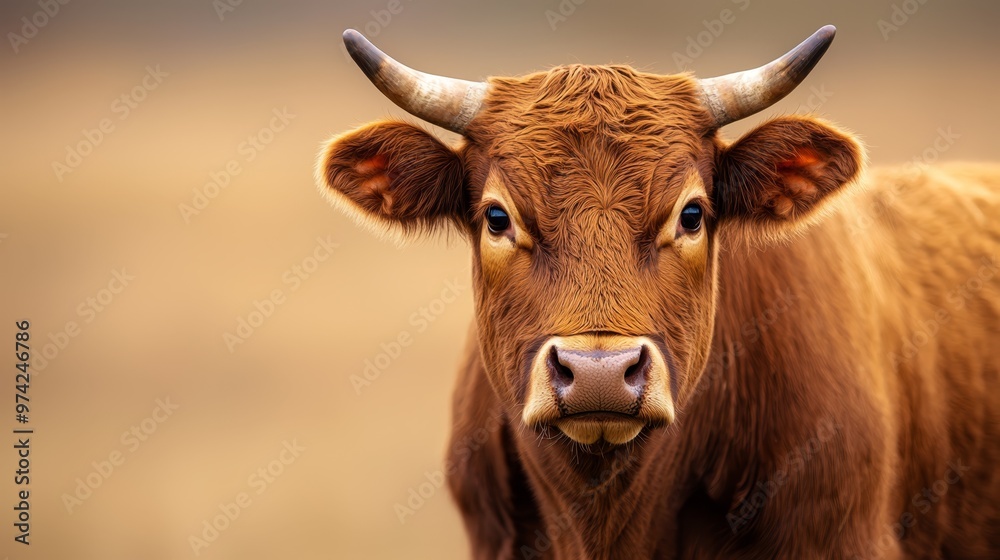 A tight shot of a brown cow with prominent horns gazing at the camera, background softly blurred A tight shot of a brown cow with prominent horns gazing at the camera, background softly blurred