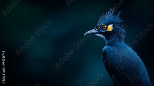  A tight shot of a blue bird featuring a yellow beak mark against its blue-hued visage, set against a backdrop of unyielding black photo