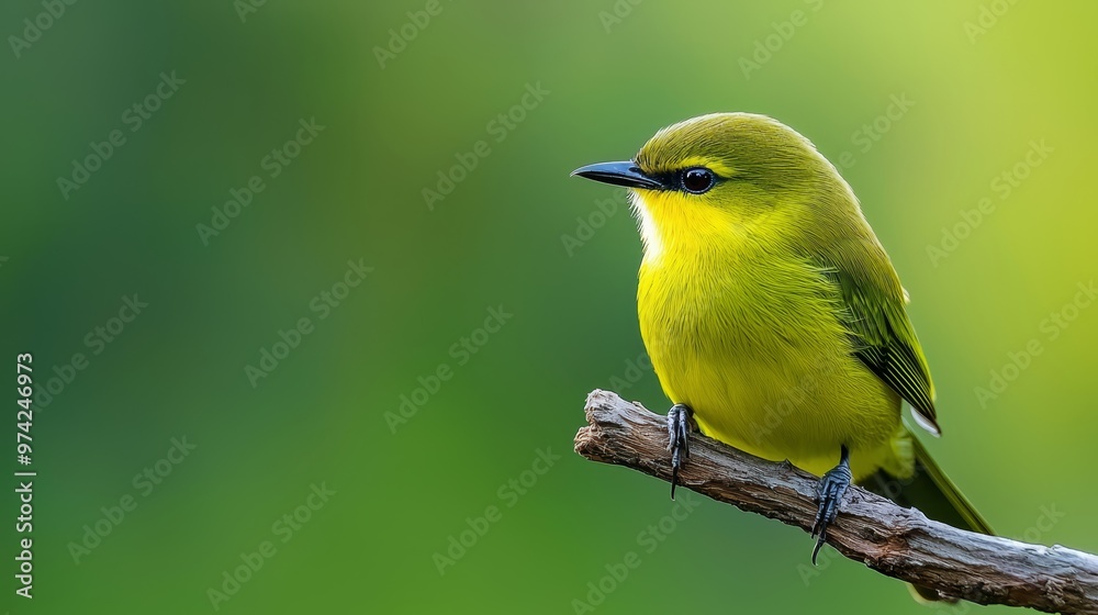 A small yellow bird perched on a tree branch against a green, slightly blurred background A small yellow bird perched on a tree branch against a green, slightly blurred background