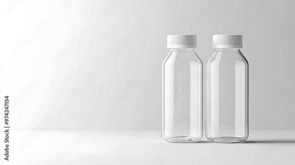 Two Clear Glass Bottles with White Caps on White Background Two Clear Glass Bottles with White Caps on White Background