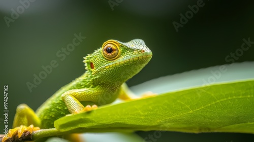  A chameleon, green against a lush, green leaf, basks in the sunny day's warmth Background softly blurred