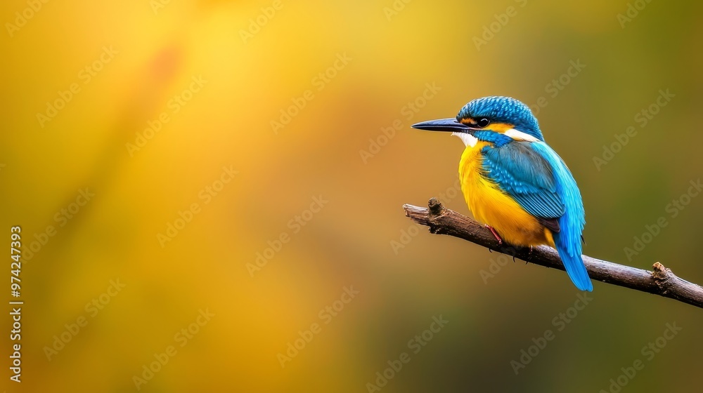 Fototapeta premium A blue-and-yellow bird perches on a tree branch against a blurred backdrop of yellow and green