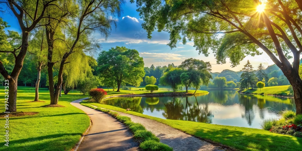 Serene natural scenery of a lush green park with vibrant trees, walking paths, and a tranquil lake in Serene natural scenery of a lush green park with vibrant trees, walking paths, and a tranquil lake in