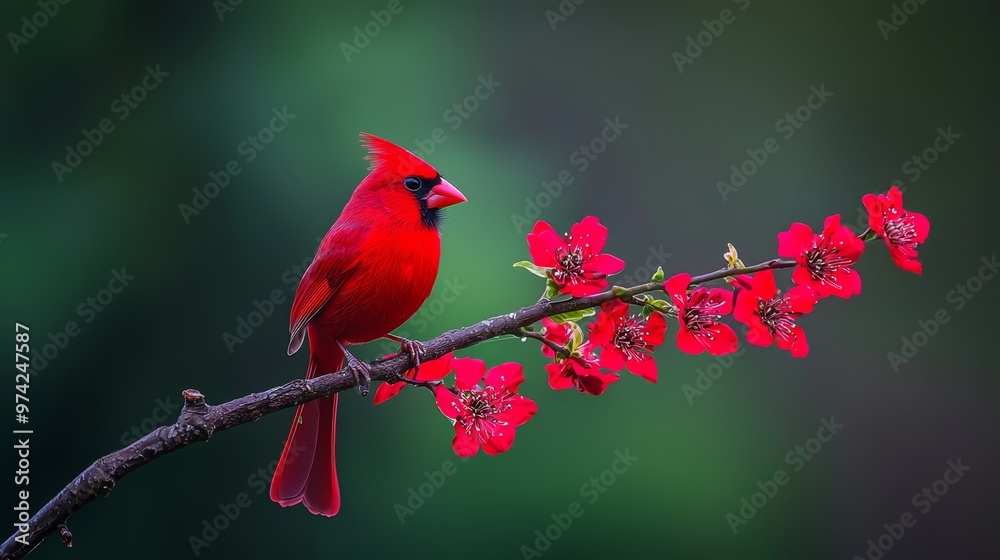 A red bird perched on a tree branch amidst red blooms; background softly blurred in green A red bird perched on a tree branch amidst red blooms; background softly blurred in green