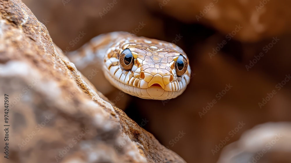 A tight shot of a snake's head atop a rock, tongue extended, and eyes fully opened A tight shot of a snake's head atop a rock, tongue extended, and eyes fully opened