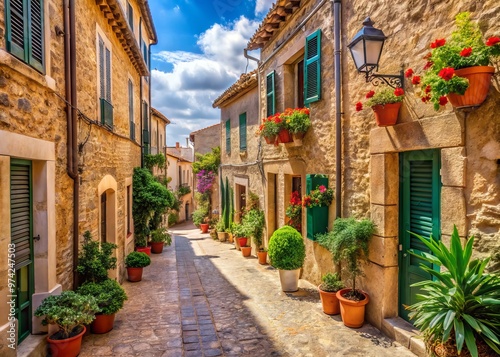 Serene narrow cobblestone street lined with ancient stone buildings, flower-adorned balconies, and ornate lamps in the