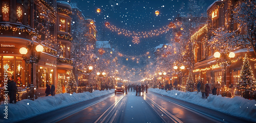 A city street lit with Christmas decorations featuring figures of people walking. Christmas