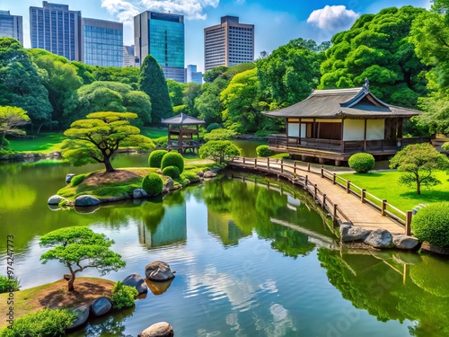 Serenene Japanese garden scenery with tranquil pond, walking paths, and lush greenery at Hamarikyu, a former duck