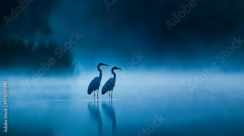  Two birds on a body of water amidst a dark, foggy night
